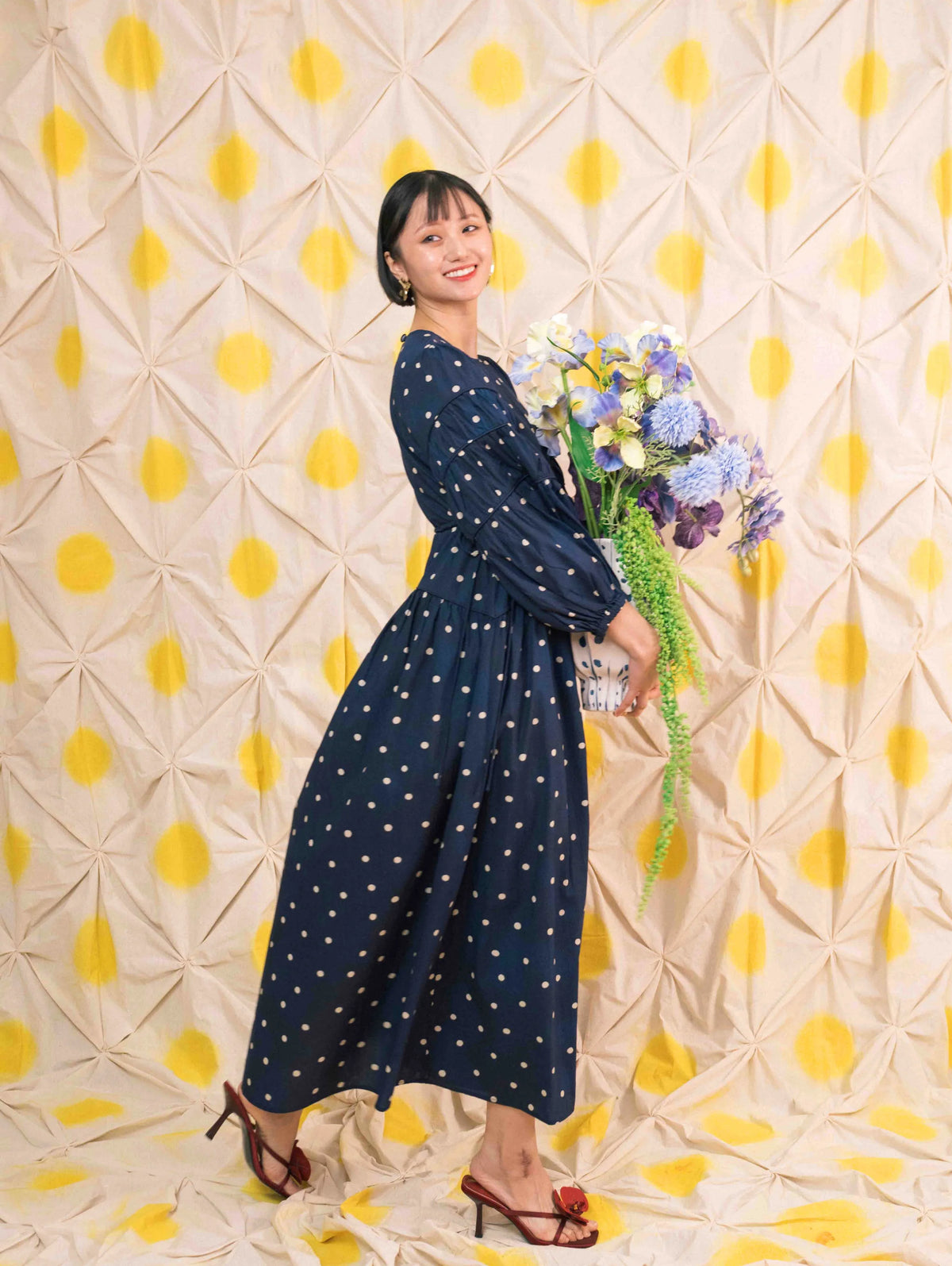 Tiffany Gathered Dress - Pois Navy