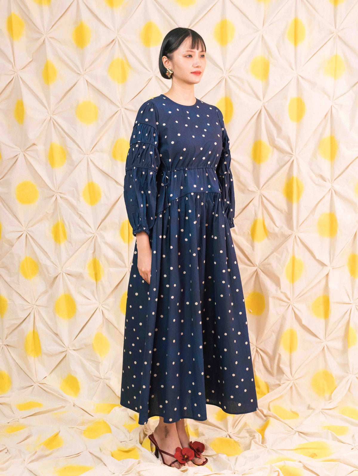 Tiffany Gathered Dress - Pois Navy