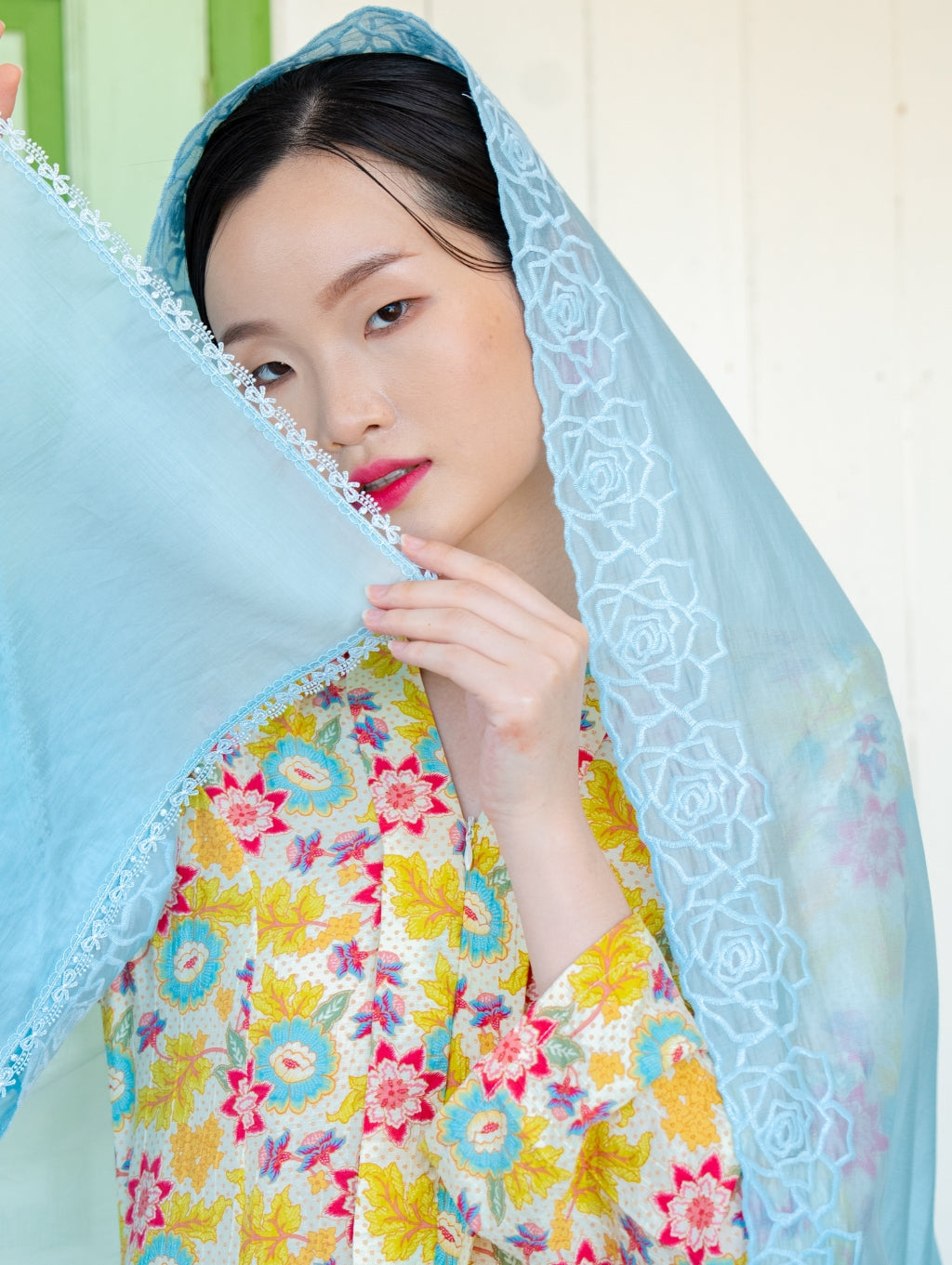 Melor Embroidery Shawl - Soft Blue