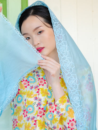 Melor Embroidery Shawl - Soft Blue
