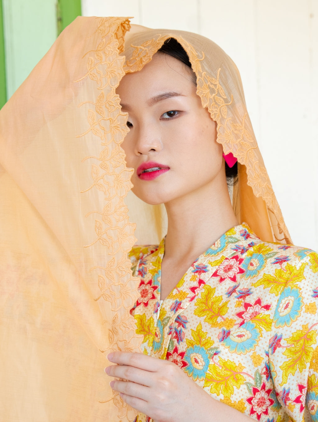 Rose Embroidery Shawl - Soft Orange