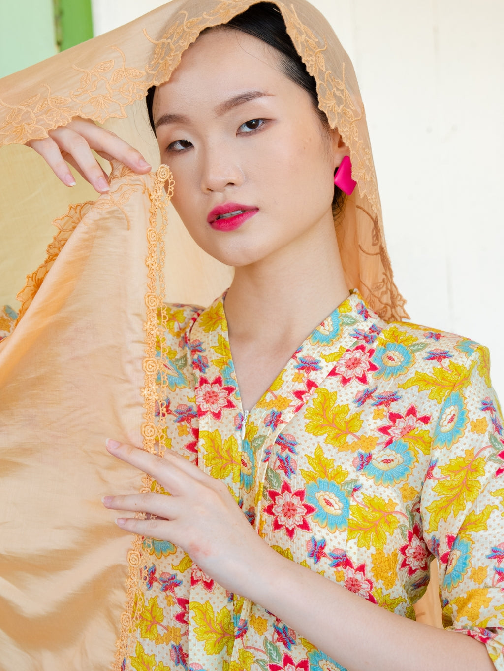 Rose Embroidery Shawl - Soft Orange