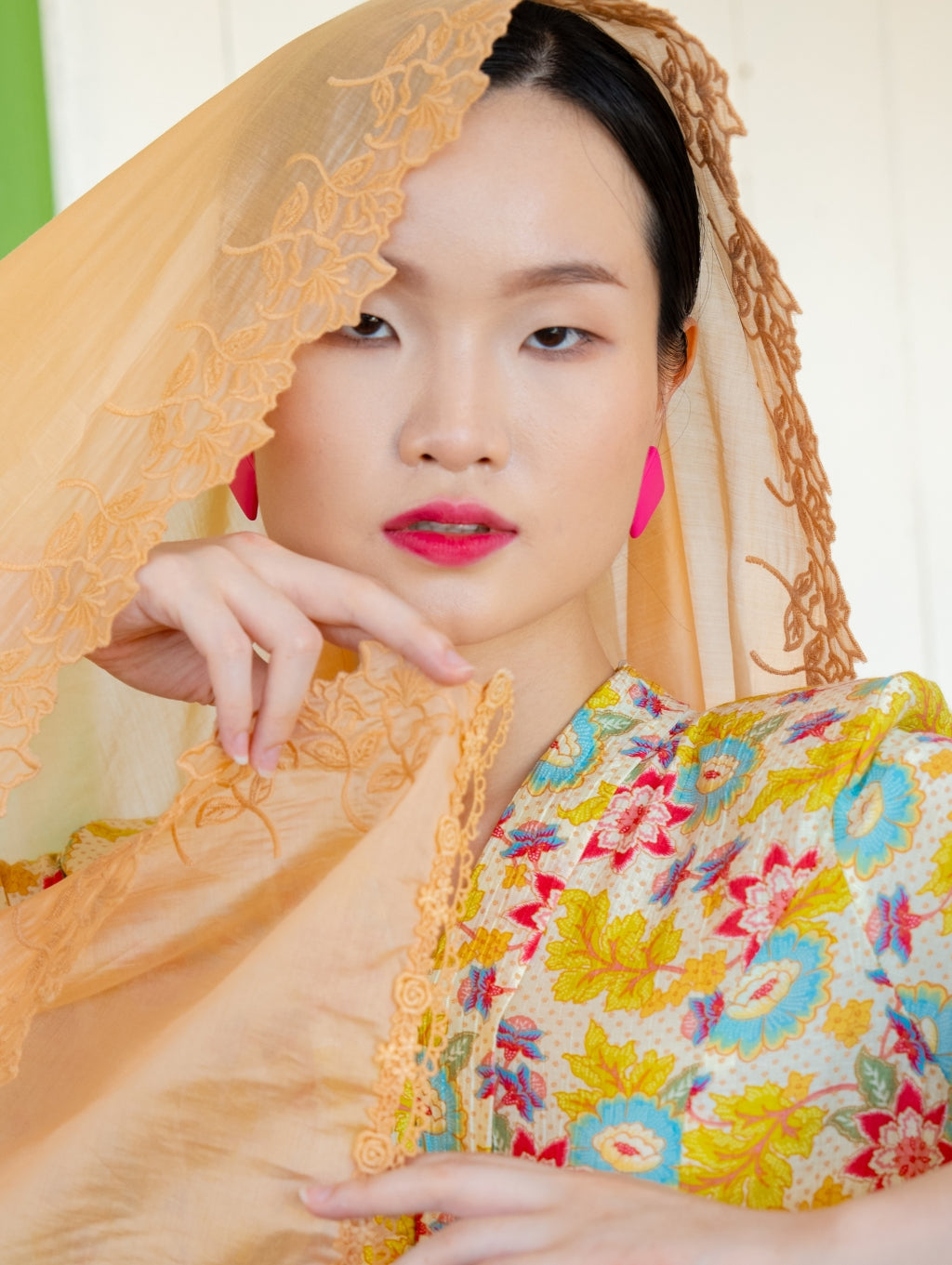 Rose Embroidery Shawl - Soft Orange