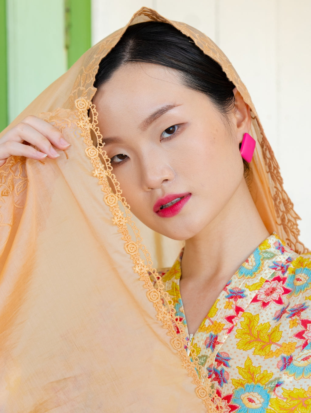 Rose Embroidery Shawl - Soft Orange