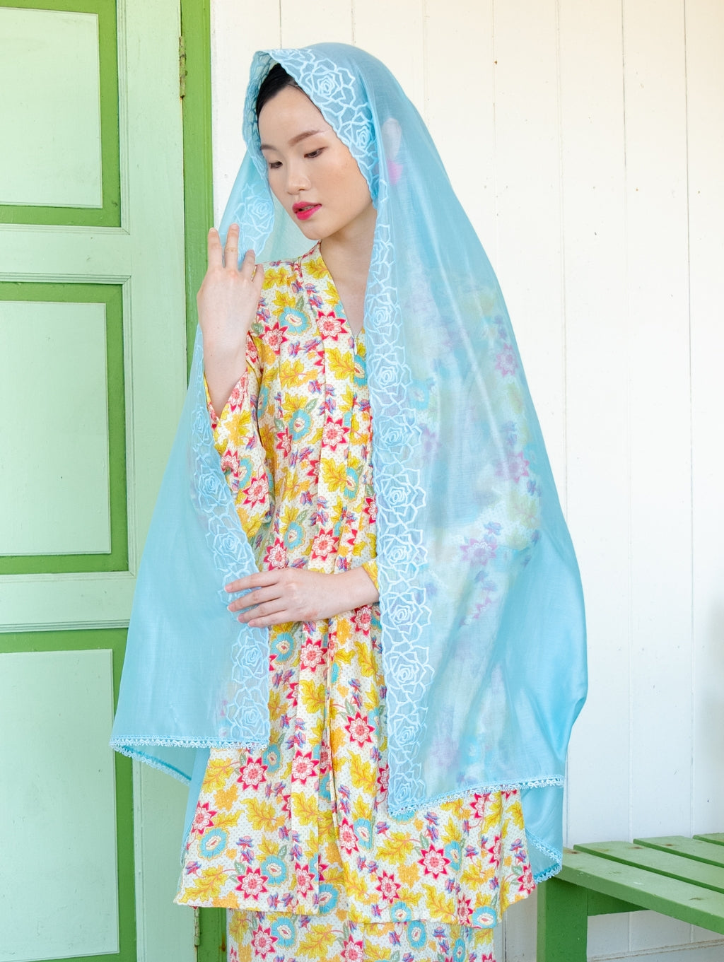 Melor Embroidery Shawl - Soft Blue