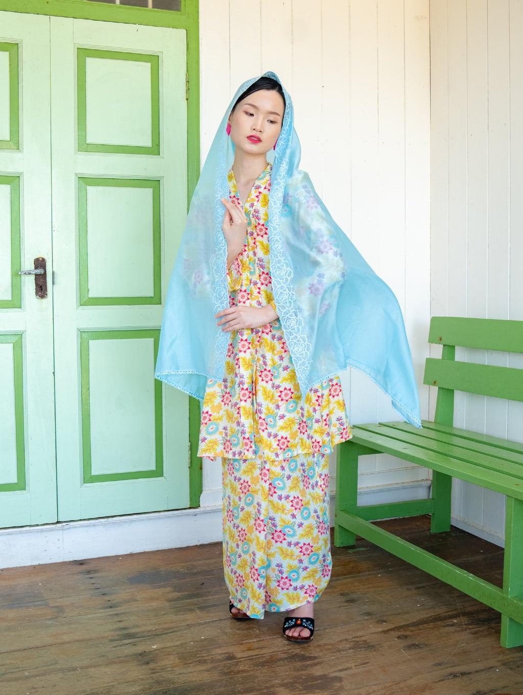 Melor Embroidery Shawl - Soft Blue
