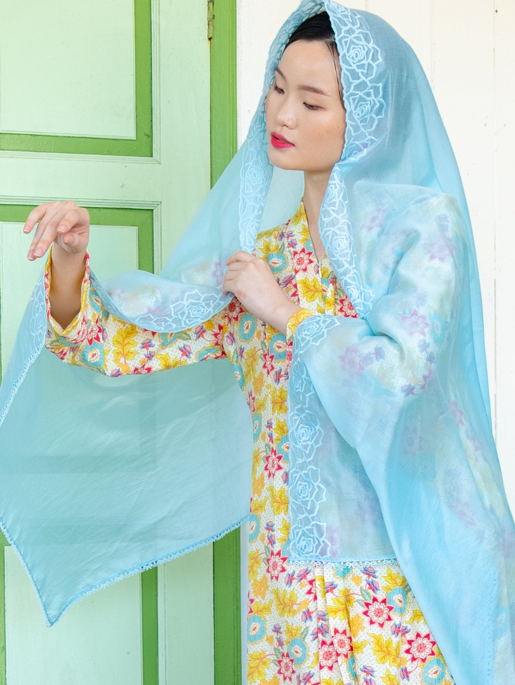 Melor Embroidery Shawl - Soft Blue