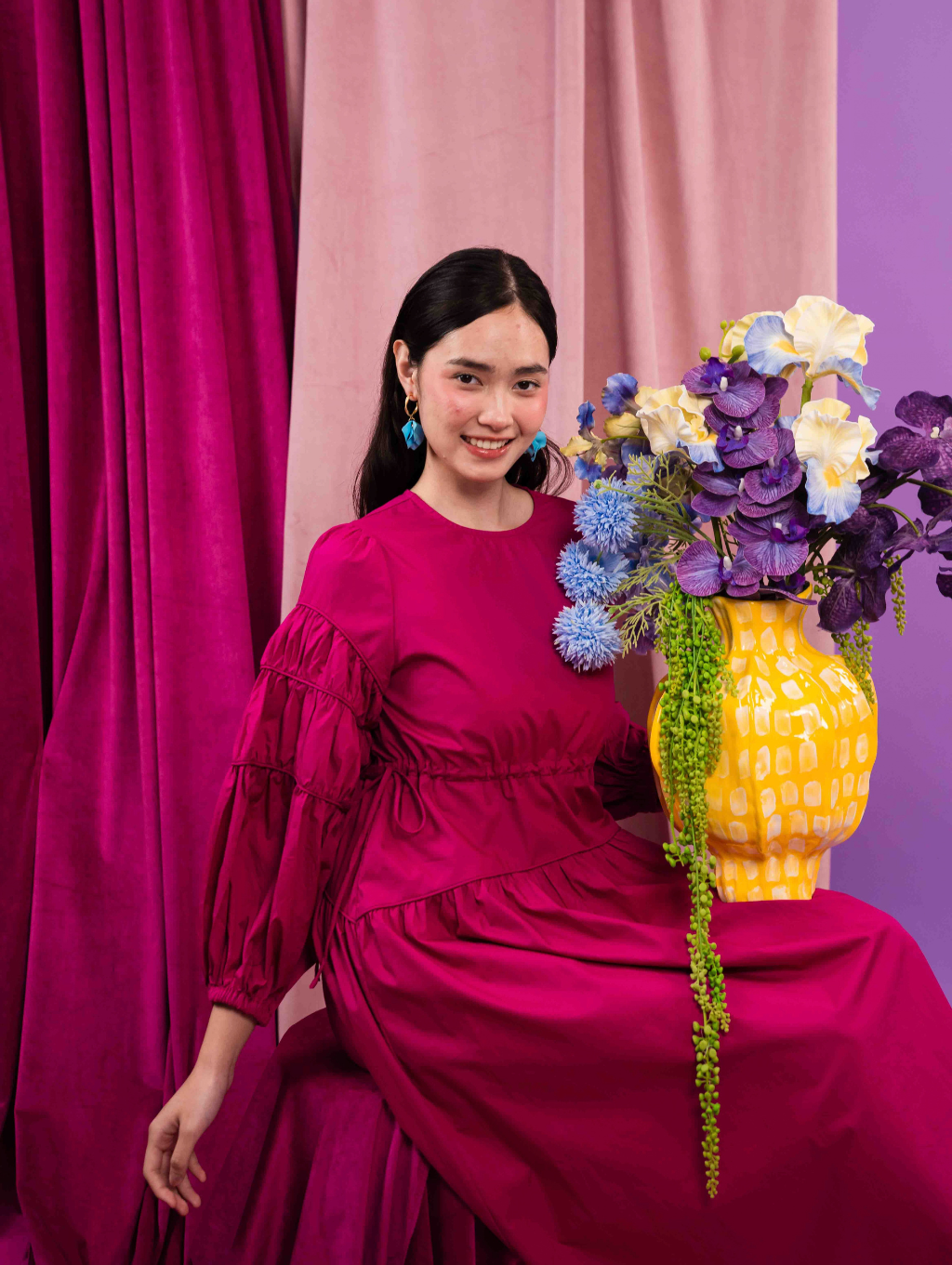 Tiffany Gathered Dress - Magenta