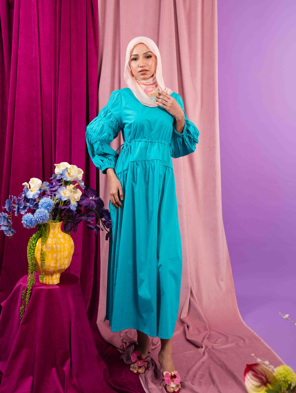 Tiffany Gathered Dress - Turquoise