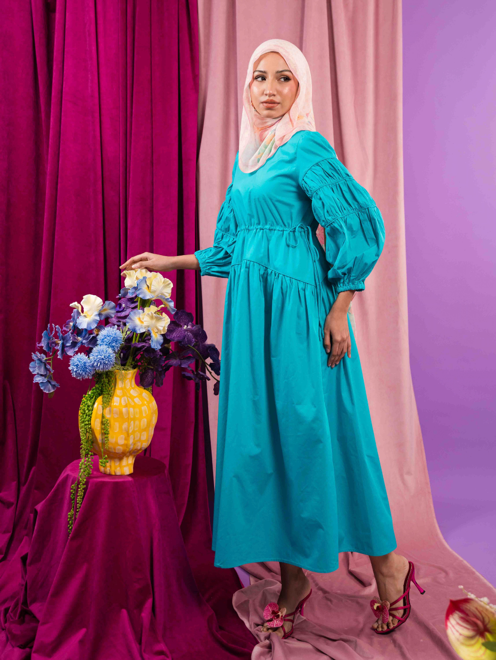Tiffany Gathered Dress - Turquoise