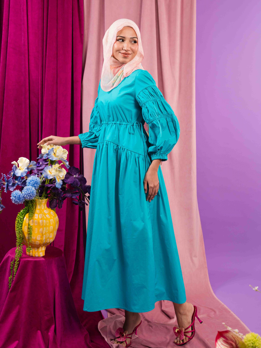 Tiffany Gathered Dress - Turquoise