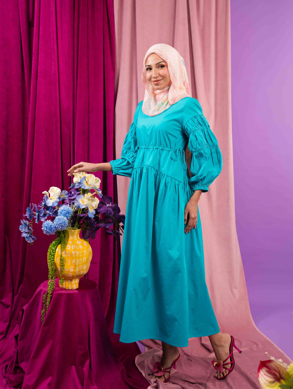 Tiffany Gathered Dress - Turquoise