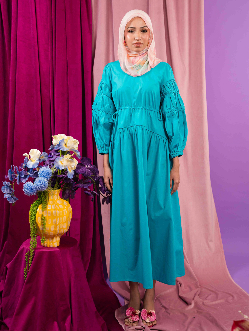 Tiffany Gathered Dress - Turquoise