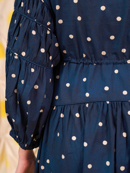 Tiffany Gathered Dress - Pois Navy
