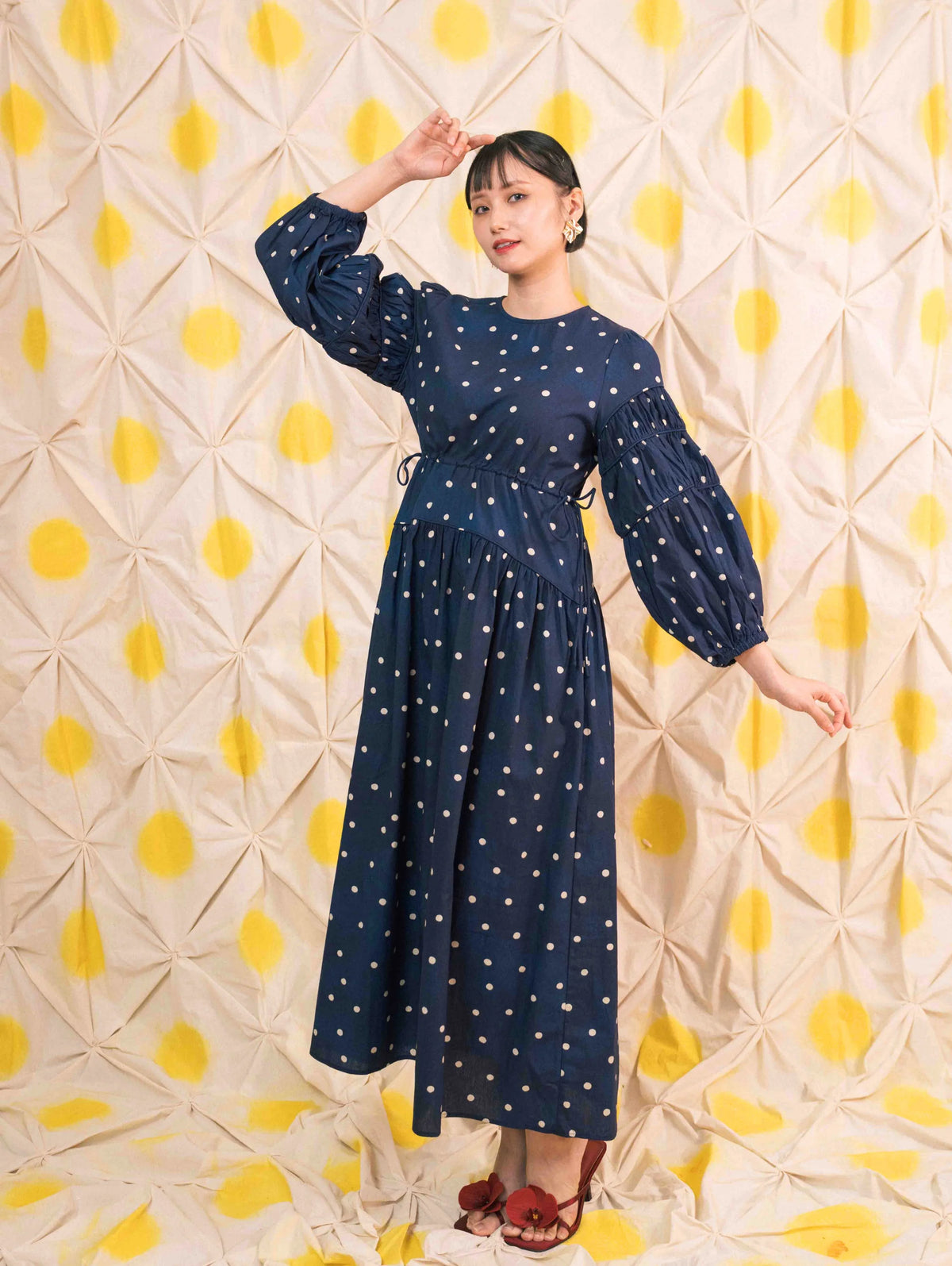 Tiffany Gathered Dress - Pois Navy