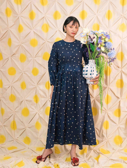 Tiffany Gathered Dress - Pois Navy