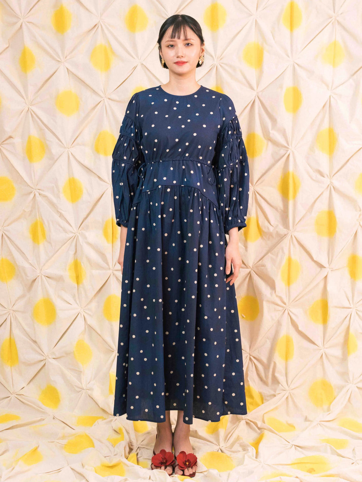 Tiffany Gathered Dress - Pois Navy