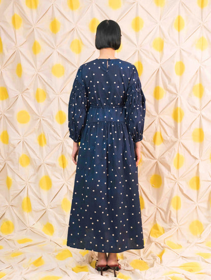 Tiffany Gathered Dress - Pois Navy