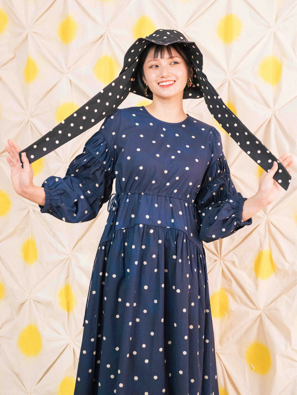 Tiffany Gathered Dress - Pois Navy
