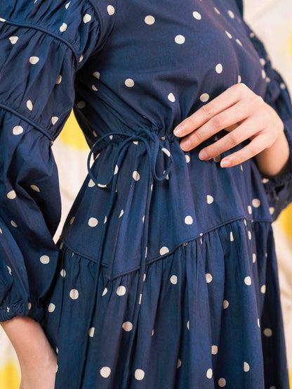Tiffany Gathered Dress - Pois Navy